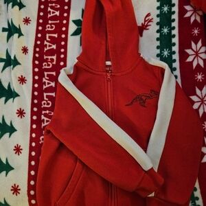 okie dokie Red Hoodie with Cream Stripes